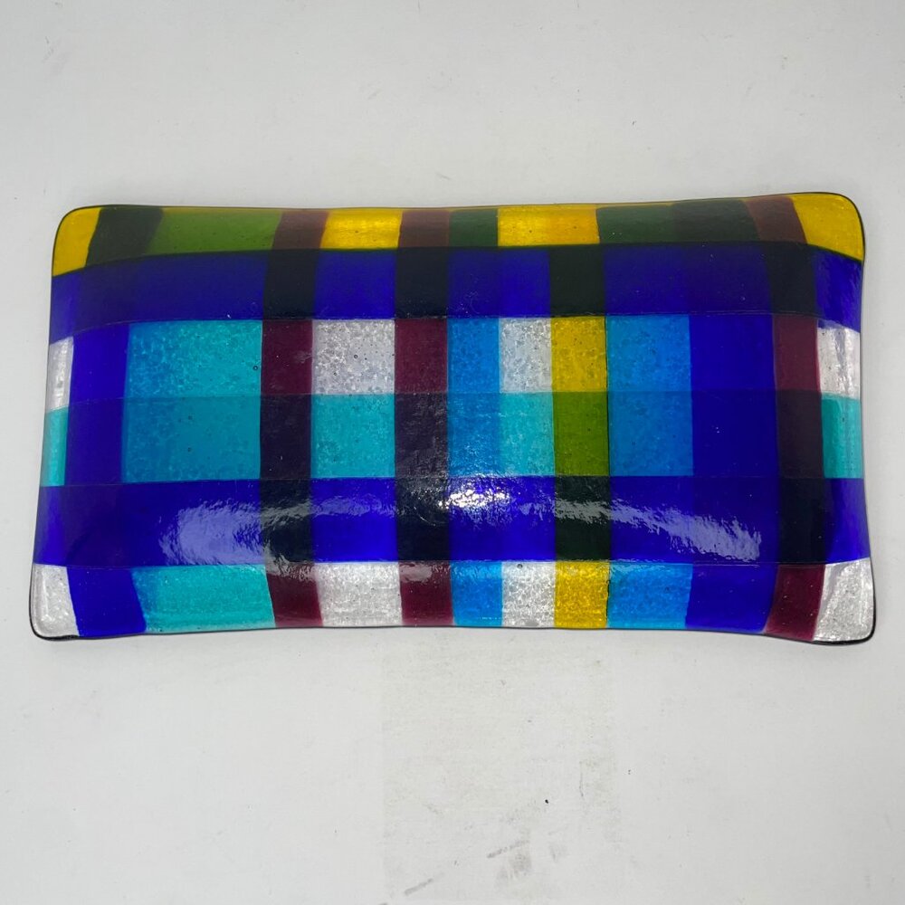 Fused Art Glass Trinket Tray Blue Yellow Check Design 7.5" X 4" - Picture 5 of 8